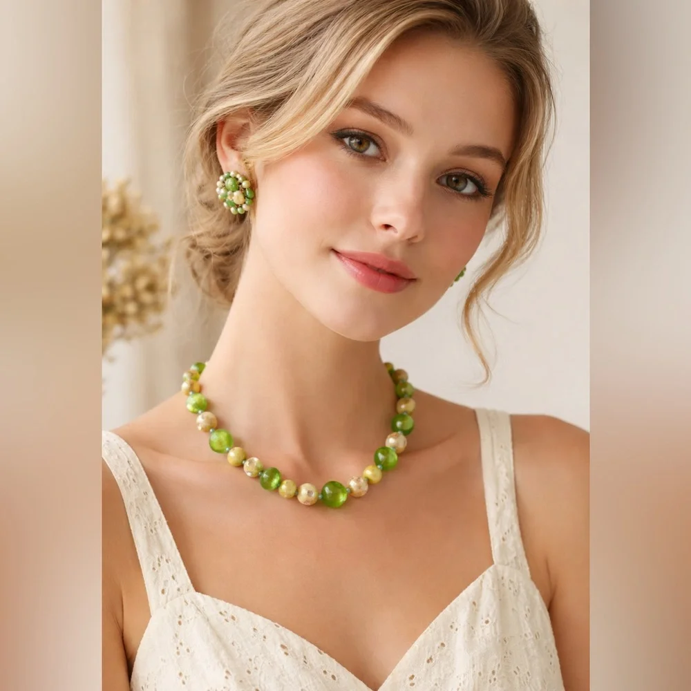 Vintage 1950s Green Glass Bead Necklace & Cluster Clip Earrings Mid Century Set